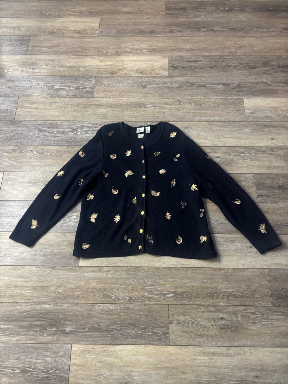 CJ Banks Cardigan Sweater Sz 2X Navy Gold Embroidered Leaves Fall Grandma Vtg